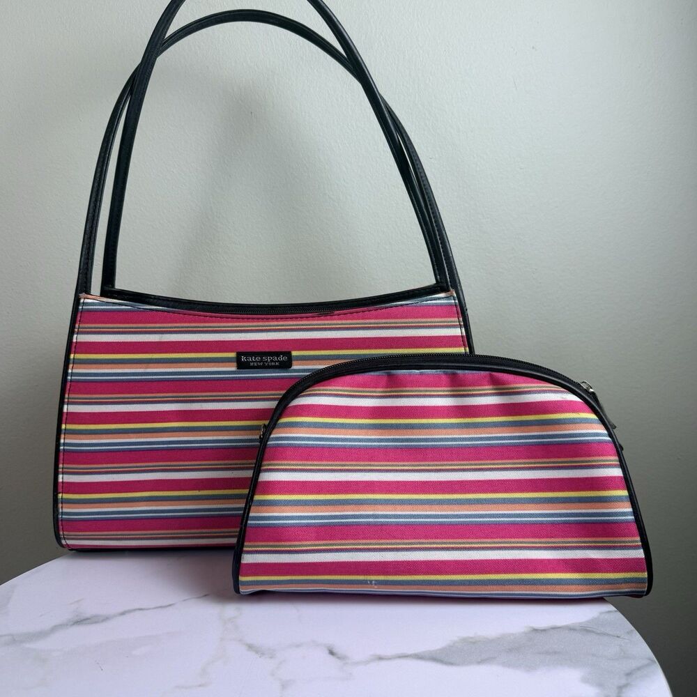 Vintage YTK Kate Spade Tote Cosmetic Bag Set Pink Striped Black Shoulder Purse